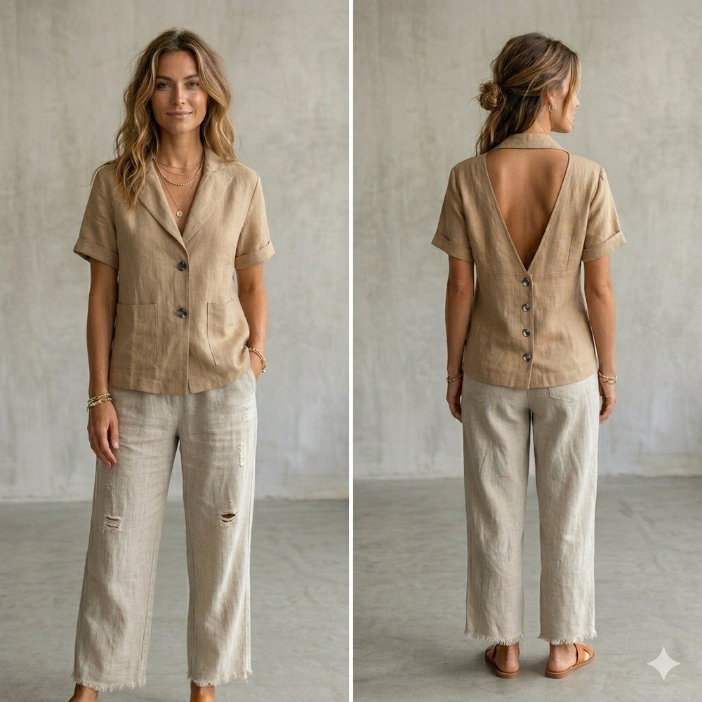 FILOSOFIA Linen Open Back Short Sleeve Blazer Top Tan Beige Notched Lapel L NOWT